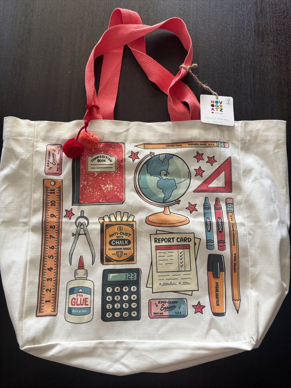 Canvas School Supplies Tote Bag with Pink Handles